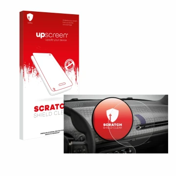 Parte frontal de un envase de producto con el logotipo de la marca upscreen. Al lado se muestra el dispositivo Mini Cooper Ele