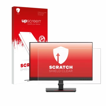 Parte frontal de un envase de producto con el logotipo de la marca upscreen. Al lado se muestra el dispositivo Lenovo ThinkVis