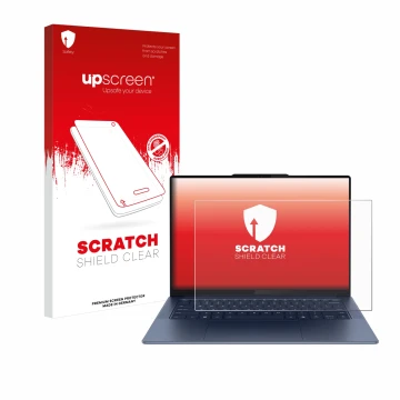 Parte frontal de un envase de producto con el logotipo de la marca upscreen. Al lado se muestra el dispositivo Lenovo Yoga Sli