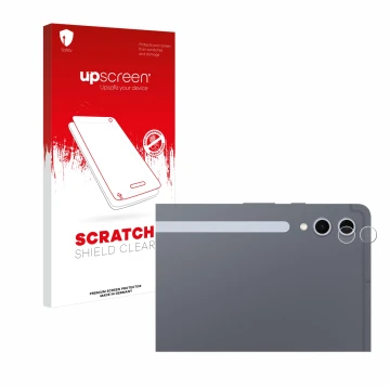 Parte frontal de un envase de producto con el logotipo de la marca upscreen. Al lado se muestra el dispositivo Samsung Galaxy 