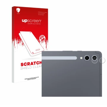Parte frontal de un envase de producto con el logotipo de la marca upscreen. Al lado se muestra el dispositivo Samsung Galaxy 
