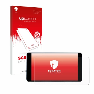 Parte frontal de un envase de producto con el logotipo de la marca upscreen. Al lado se muestra el dispositivo Zontes 350E con