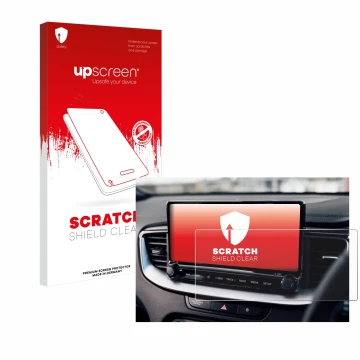 Parte frontal de un envase de producto con el logotipo de la marca upscreen. Al lado se muestra el dispositivo Kia XCeed 2024 