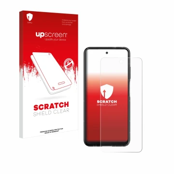 Parte frontal de un envase de producto con el logotipo de la marca upscreen. Al lado se muestra el dispositivo HMD Fusion con 