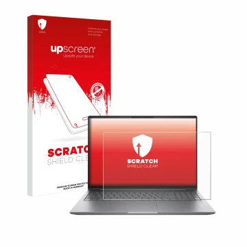 Parte frontal de un envase de producto con el logotipo de la marca upscreen. Al lado se muestra el dispositivo HP ZBook Power 