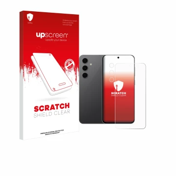 Parte frontal de un envase de producto con el logotipo de la marca upscreen. Al lado se muestra el dispositivo Samsung Galaxy 