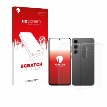 Parte frontal de un envase de producto con el logotipo de la marca upscreen. Al lado se muestra el dispositivo Samsung Galaxy 