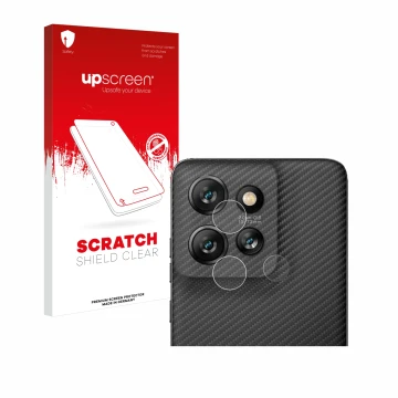 Parte frontal de un envase de producto con el logotipo de la marca upscreen. Al lado se muestra el dispositivo Motorola ThinkP