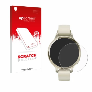 Parte frontal de un envase de producto con el logotipo de la marca upscreen. Al lado se muestra el dispositivo Garmin Lily 2 A