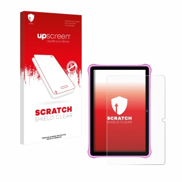 Parte frontal de un envase de producto con el logotipo de la marca upscreen. Al lado se muestra el dispositivo Blackview Tab A