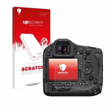 Parte frontal de un envase de producto con el logotipo de la marca upscreen. Al lado se muestra el dispositivo Canon EOS R1 co