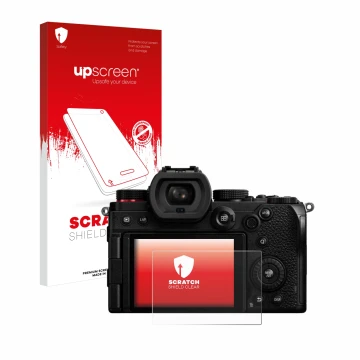 Parte frontal de un envase de producto con el logotipo de la marca upscreen. Al lado se muestra el dispositivo Panasonic Lumix