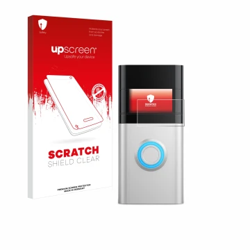Parte frontal de un envase de producto con el logotipo de la marca upscreen. Al lado se muestra el dispositivo Ring Video Door