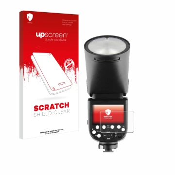 Parte frontal de un envase de producto con el logotipo de la marca upscreen. Al lado se muestra el dispositivo Godox TT685 II 