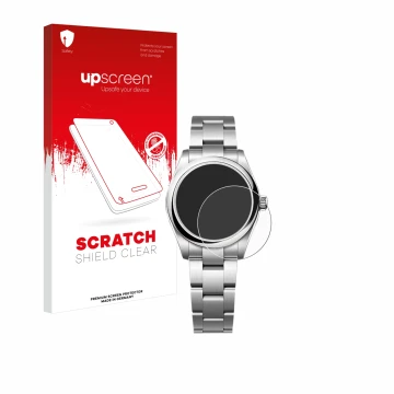 Parte frontal de un envase de producto con el logotipo de la marca upscreen. Al lado se muestra el dispositivo Rolex Oyster Pe