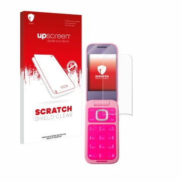 Parte frontal de un envase de producto con el logotipo de la marca upscreen. Al lado se muestra el dispositivo HMD Barbie Phon