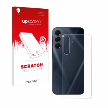 Parte frontal de un envase de producto con el logotipo de la marca upscreen. Al lado se muestra el dispositivo Samsung Galaxy 
