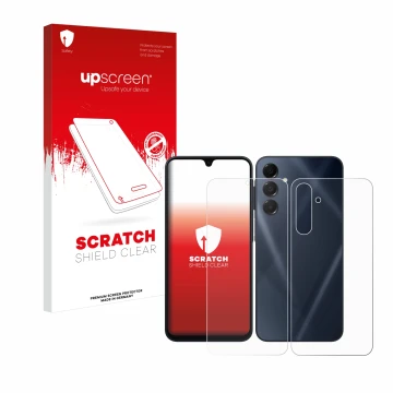 Parte frontal de un envase de producto con el logotipo de la marca upscreen. Al lado se muestra el dispositivo Samsung Galaxy 