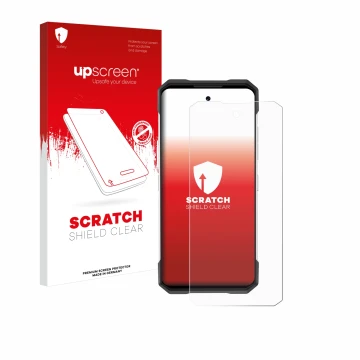 Parte frontal de un envase de producto con el logotipo de la marca upscreen. Al lado se muestra el dispositivo Doogee S200 con