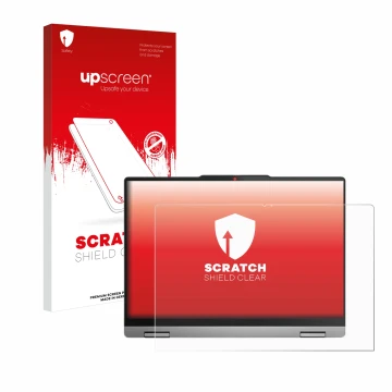 Parte frontal de un envase de producto con el logotipo de la marca upscreen. Al lado se muestra el dispositivo Lenovo IdeaPad 