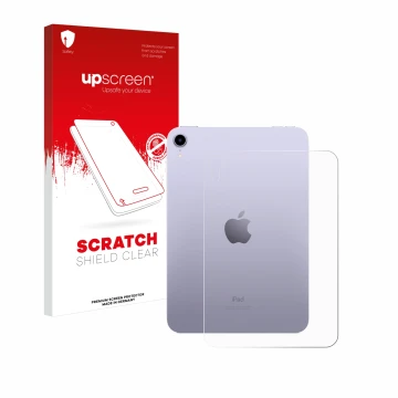 Parte frontal de un envase de producto con el logotipo de la marca upscreen. Al lado se muestra el dispositivo Apple iPad Mini