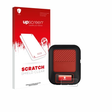 Parte frontal de un envase de producto con el logotipo de la marca upscreen. Al lado se muestra el dispositivo Garmin inReach 