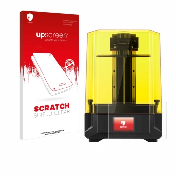 Parte frontal de un envase de producto con el logotipo de la marca upscreen. Al lado se muestra el dispositivo Anycubic Photon