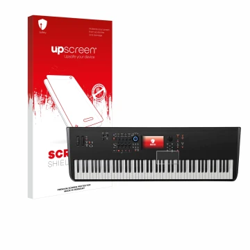 Parte frontal de un envase de producto con el logotipo de la marca upscreen. Al lado se muestra el dispositivo Yamaha MODX8+ c