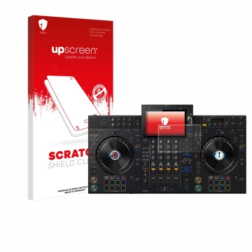 Parte frontal de un envase de producto con el logotipo de la marca upscreen. Al lado se muestra el dispositivo AlphaTheta XDJ-