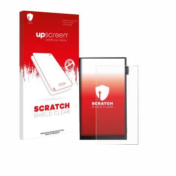 Parte frontal de un envase de producto con el logotipo de la marca upscreen. Al lado se muestra el dispositivo iBasso DX180 co