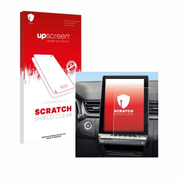 Parte frontal de un envase de producto con el logotipo de la marca upscreen. Al lado se muestra el dispositivo Renault Symbioz
