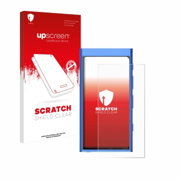Parte frontal de un envase de producto con el logotipo de la marca upscreen. Al lado se muestra el dispositivo Hiby Digital M3