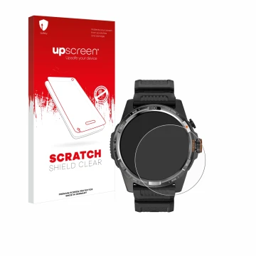 Parte frontal de un envase de producto con el logotipo de la marca upscreen. Al lado se muestra el dispositivo Mobvoi Ticwatch