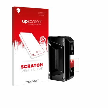 Parte frontal de un envase de producto con el logotipo de la marca upscreen. Al lado se muestra el dispositivo geekvape Aegis 