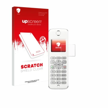 Parte frontal de un envase de producto con el logotipo de la marca upscreen. Al lado se muestra el dispositivo AVM Fritz!Fon M