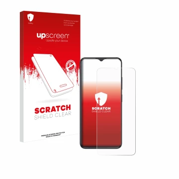 Parte frontal de un envase de producto con el logotipo de la marca upscreen. Al lado se muestra el dispositivo ZTE Blade A34 c