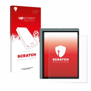 Parte frontal de un envase de producto con el logotipo de la marca upscreen. Al lado se muestra el dispositivo Bigme B1051C co
