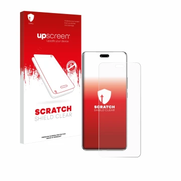 Parte frontal de un envase de producto con el logotipo de la marca upscreen. Al lado se muestra el dispositivo Huawei Nova 13 