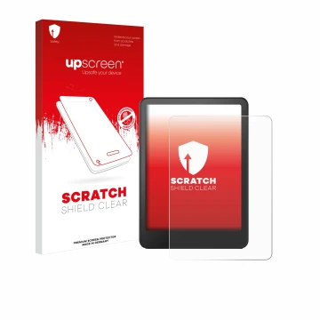 Parte frontal de un envase de producto con el logotipo de la marca upscreen. Al lado se muestra el dispositivo Amazon Kindle C