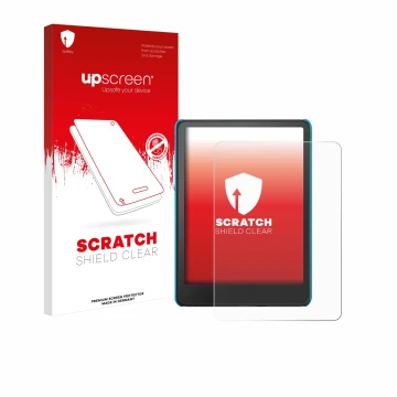 Parte frontal de un envase de producto con el logotipo de la marca upscreen. Al lado se muestra el dispositivo Amazon Kindle P