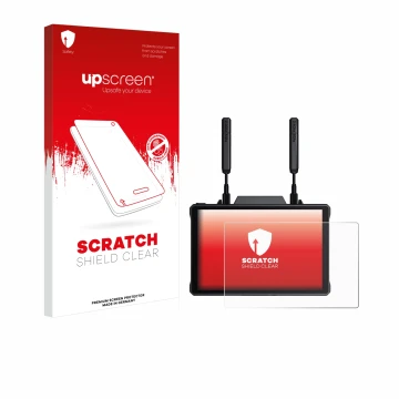 Parte frontal de un envase de producto con el logotipo de la marca upscreen. Al lado se muestra el dispositivo Hollyland Pyro 