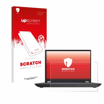 Parte frontal de un envase de producto con el logotipo de la marca upscreen. Al lado se muestra el dispositivo Lenovo ThinkPad