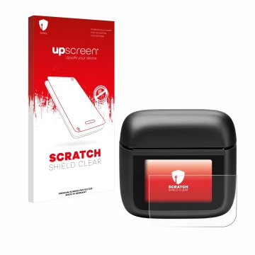 Parte frontal de un envase de producto con el logotipo de la marca upscreen. Al lado se muestra el dispositivo JBL Tour Pro 3 