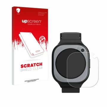 Parte frontal de un envase de producto con el logotipo de la marca upscreen. Al lado se muestra el dispositivo Xplora X6Pro co