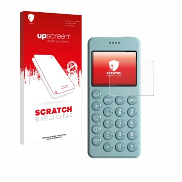 Parte frontal de un envase de producto con el logotipo de la marca upscreen. Al lado se muestra el dispositivo Punkt MP02 con 