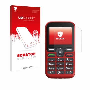 Parte frontal de un envase de producto con el logotipo de la marca upscreen. Al lado se muestra el dispositivo Doro Leva L10 c