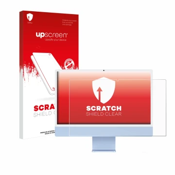 Parte frontal de un envase de producto con el logotipo de la marca upscreen. Al lado se muestra el dispositivo Apple iMac 24