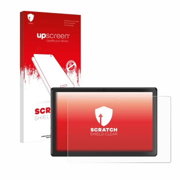 Parte frontal de un envase de producto con el logotipo de la marca upscreen. Al lado se muestra el dispositivo SGIN T10P 10.1