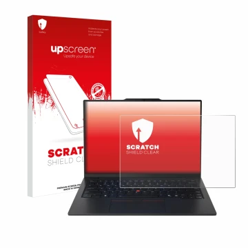 Parte frontal de un envase de producto con el logotipo de la marca upscreen. Al lado se muestra el dispositivo Lenovo ThinkPad