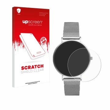 Parte frontal de un envase de producto con el logotipo de la marca upscreen. Al lado se muestra el dispositivo Xcoast X-Watch 